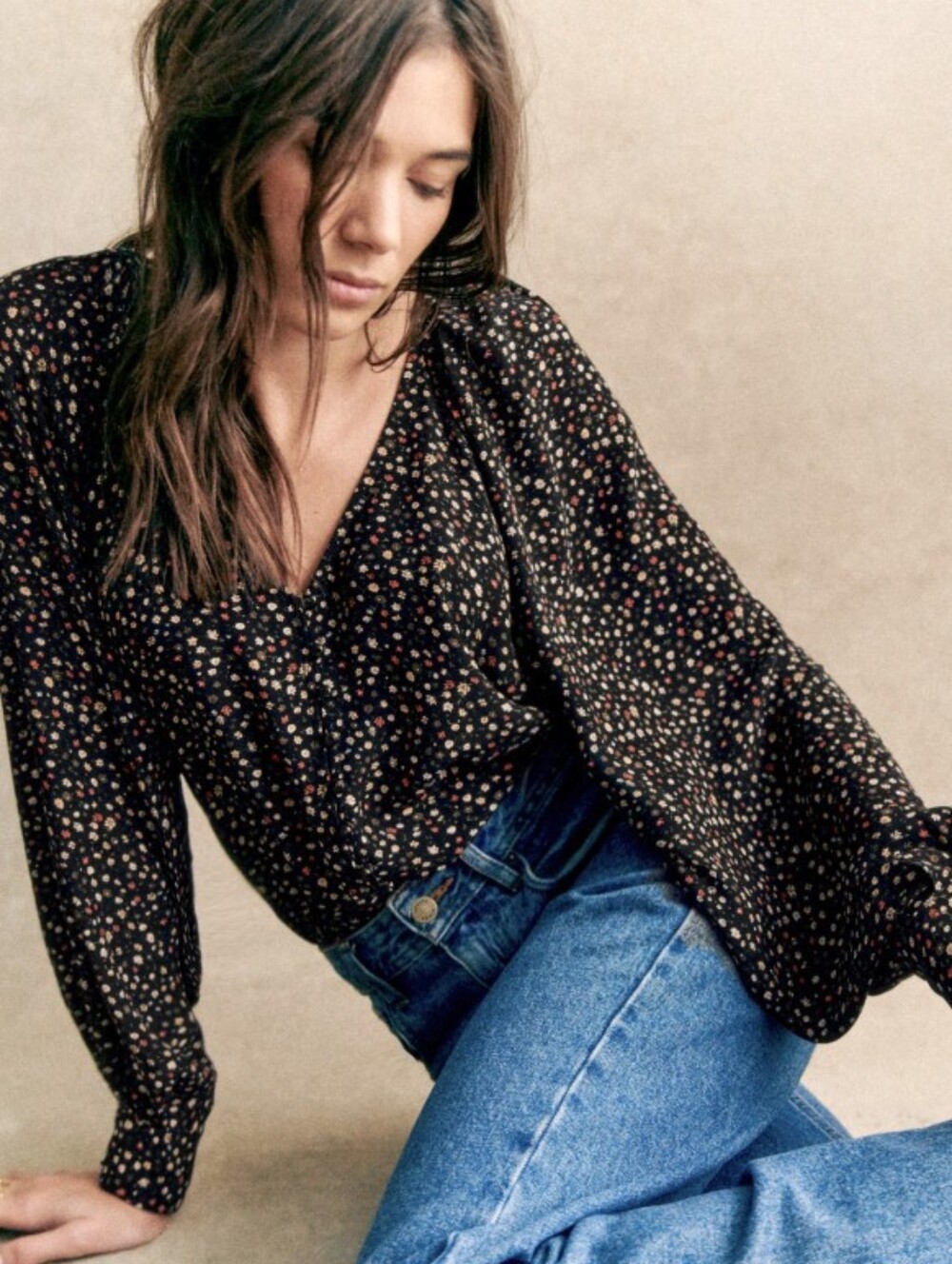 [Sezane] Erica Blouse In Black Mini Flowers, Size 36/4